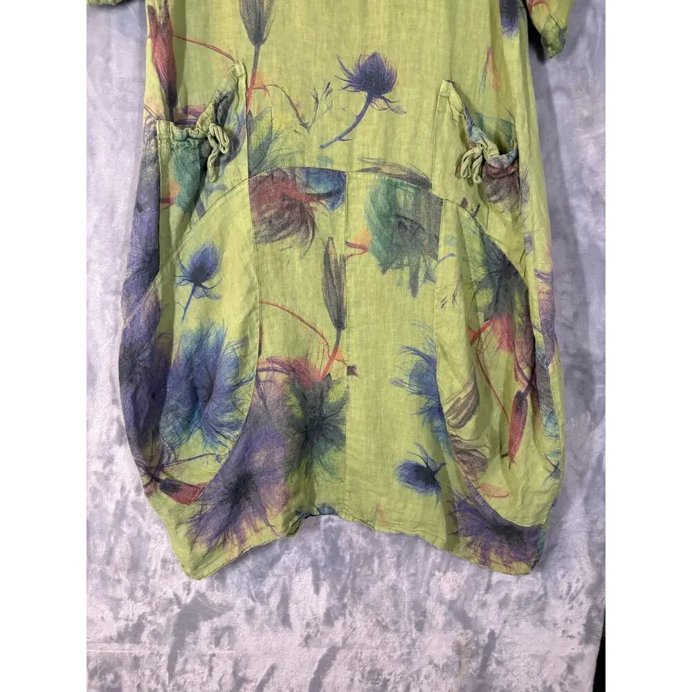 Green 100% Italian Linen Watercolor Floral Lagenlook Hobo Grunch Dress 0S Bubble